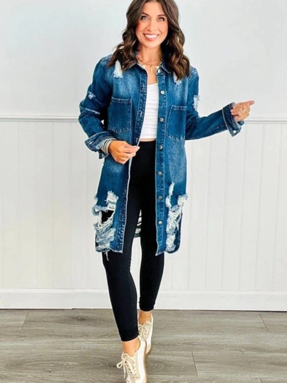 American Bazi Women's Distressed Denim Duster Jacket in Blue